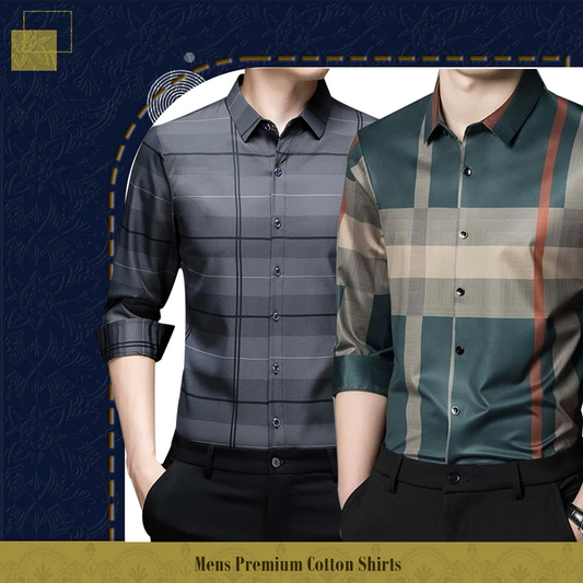 Men's Premium Cotton Shirts (SILVER L+GREEN)